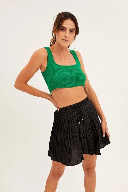 Black Pleated Skirt Mini Satin silk skirt smooth