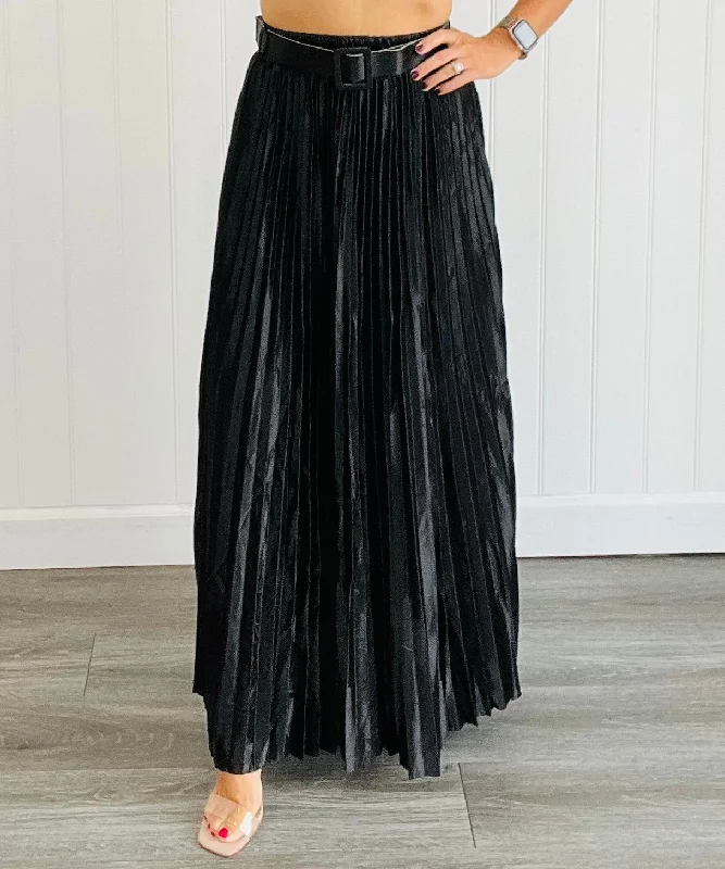 Black Satin Belted Midi Skirt (Reg) silk skirt smooth