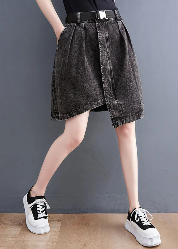 Casual Black Asymmetrical Design Pockets Denim Short Skirt Summer corduroy skirt cozy