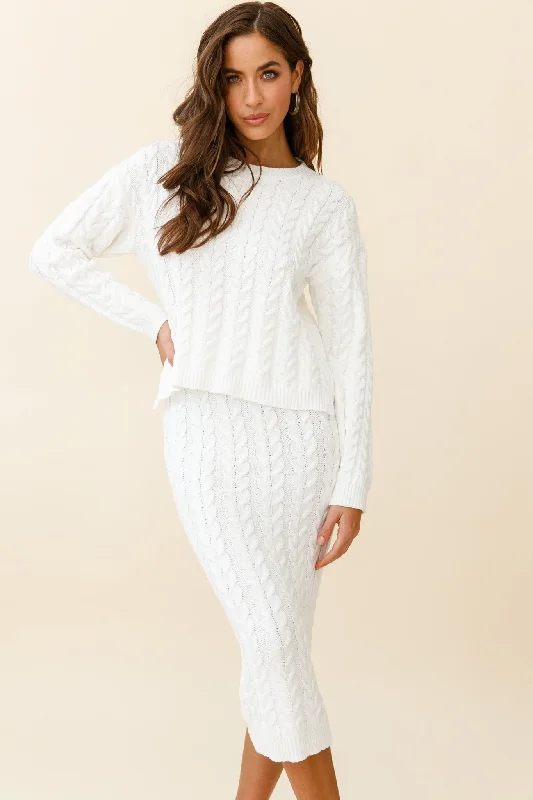 Cozy Up Cable Knit Midi Skirt White a-line skirt cut