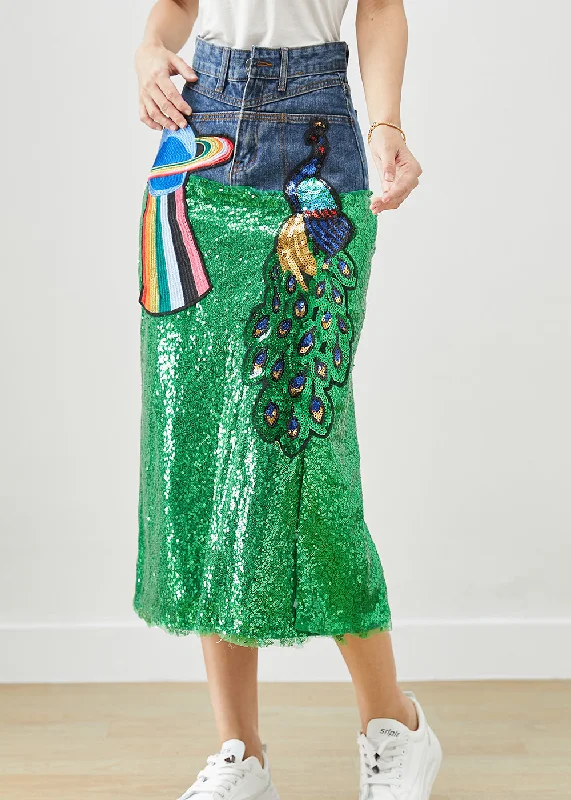 DIY Peacock Embroidered Patchwork Sequins Denim Skirt Fall asymmetrical skirt cut