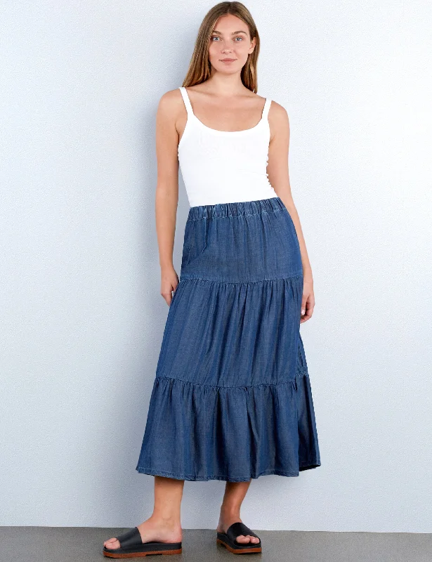 Flounce Denim Maxi Skirt flowy skirt hem