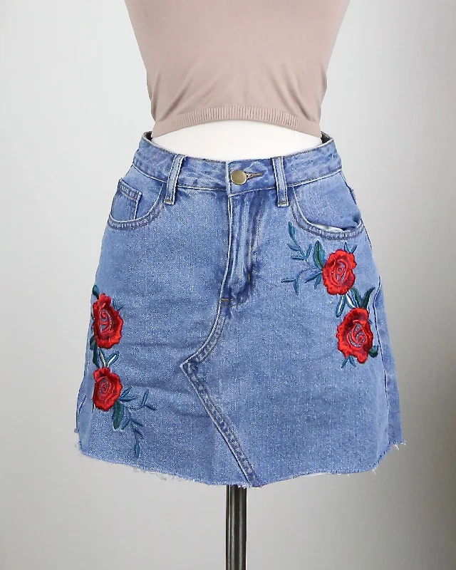 Raw Hem Rose/Floral Embroidery Denim Skirt in Medium Wash seamless skirt comfort