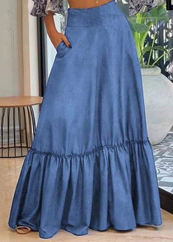 Handmade Blue Wrinkled Patchwork High Waist Denim Maxi Skirt Summer slim fit skirt