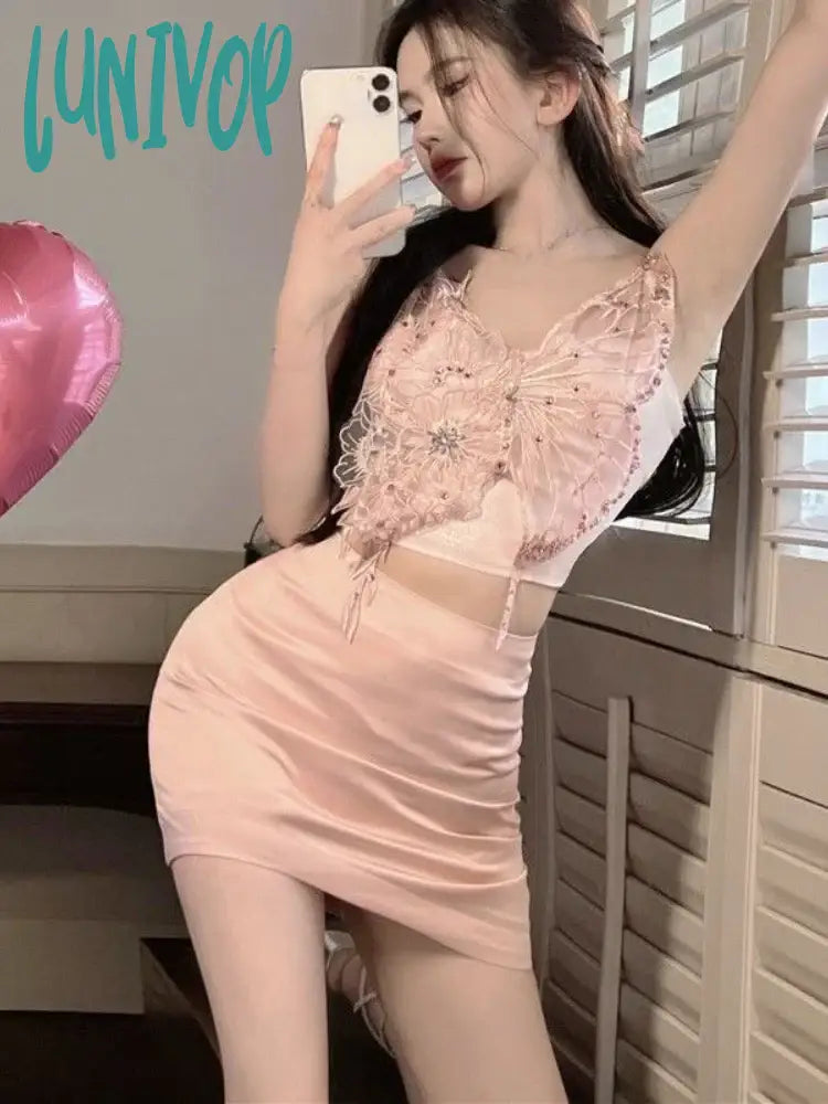 Lunivop Butterfly Vintage Elegant Two Piece Set Women Lace Korean Sexy Mini Skirts Suit Female Chic Pink Vest + Designer Skirt cashmere skirt plush