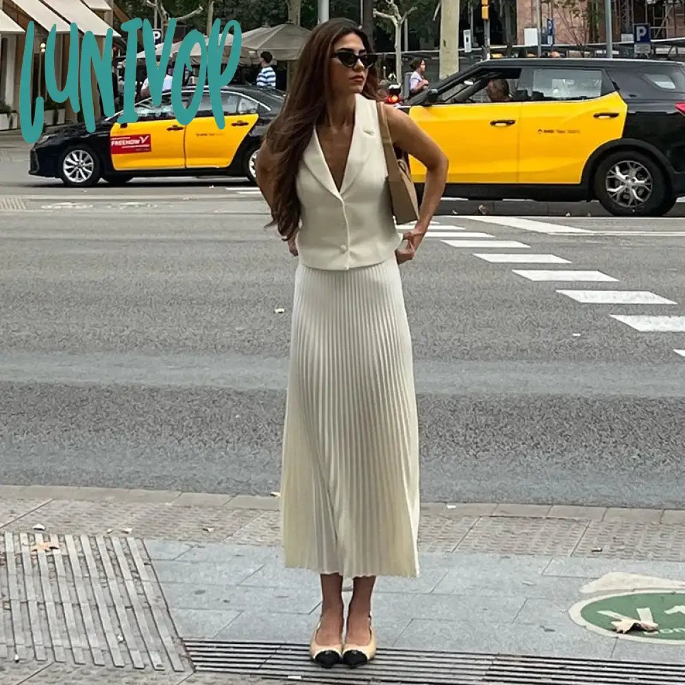 Lunivop Summer New Pleated Skirt Suit For Women Slim Sleeveless Short Vest Top Solid Long Skirt High Waist Fashion Two Pieces Set leather skirt refined