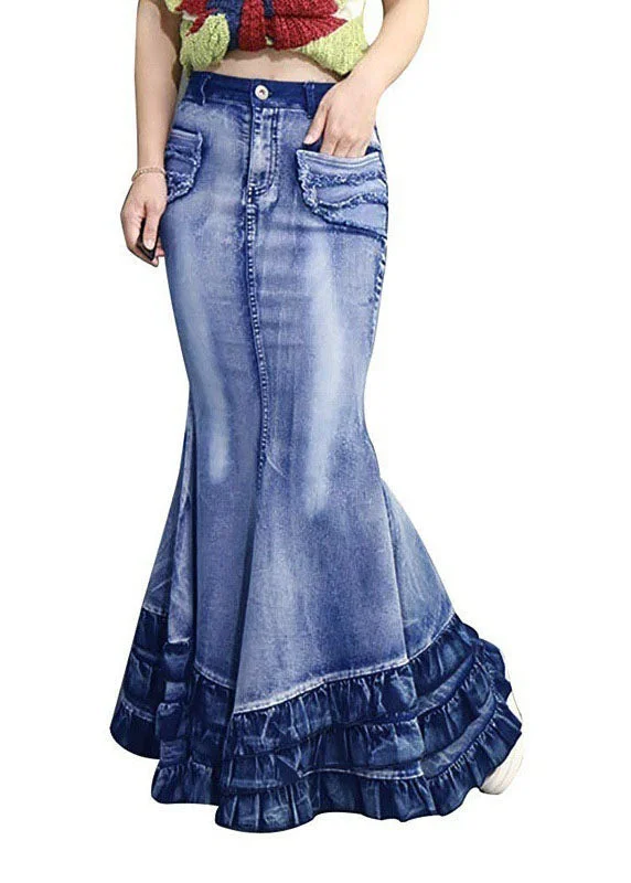 Modern Blue Wrinkled Pockets Patchwork Denim Skirt Summer velvet skirt glossy