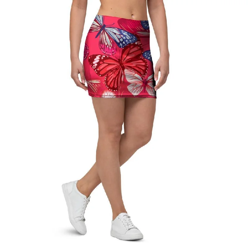 Red and Blue Butterfly Print Mini Skirt velvet skirt luxurious