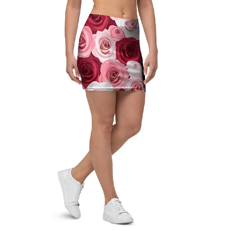 Red And Pink Rose Floral Mini Skirt belted skirt waist