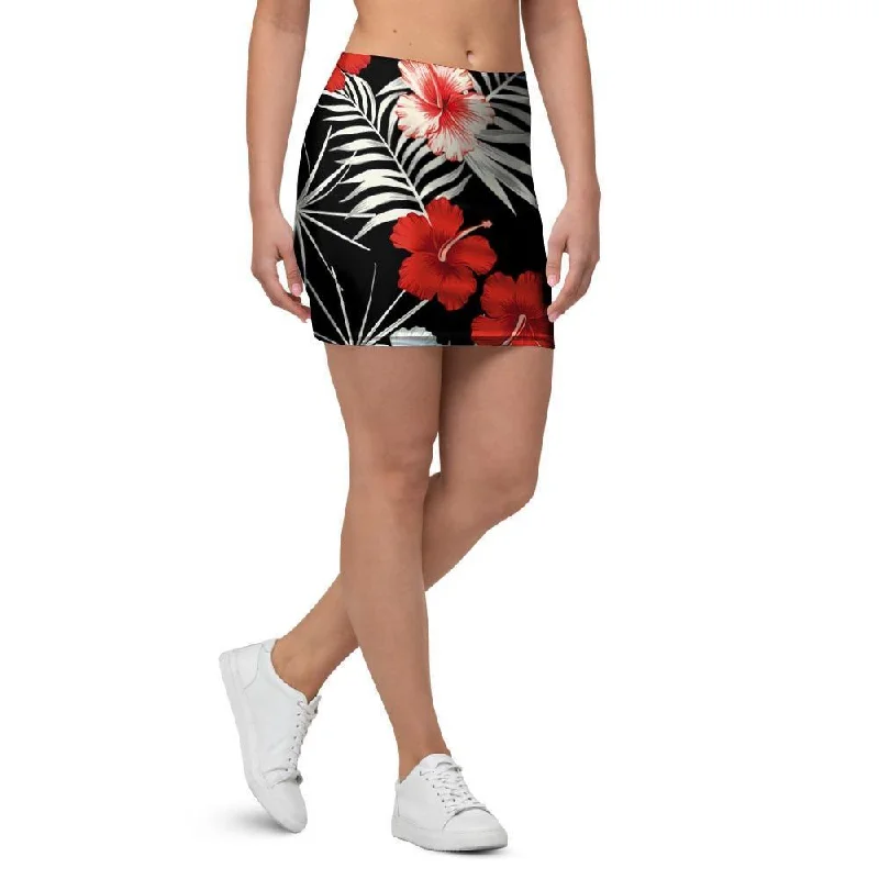 Red And White Hibiscus Flowers Hawaiian Print Mini Skirt velvet skirt plush