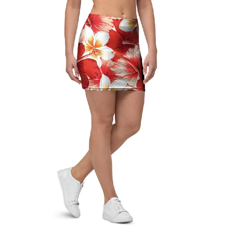 Red And White Hibiscus Hawaiian Print Mini Skirt denim skirt stylish