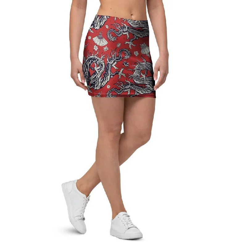 Red Chinese Dragon Floral Print Mini Skirt chiffon skirt lightweight