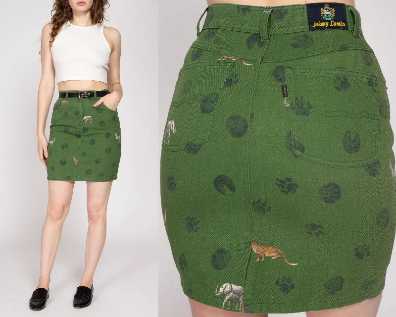 Small 90s African Animal Footprint Green Denim Mini Skirt 27" corduroy skirt comfortable