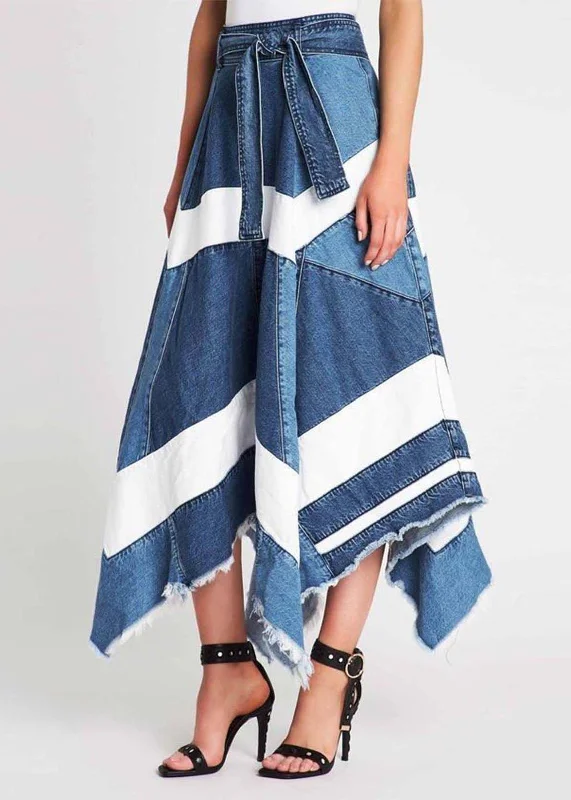 Women Blue Asymmetrical Patchwork Denim A Line Skirts Summer velvet skirt plush