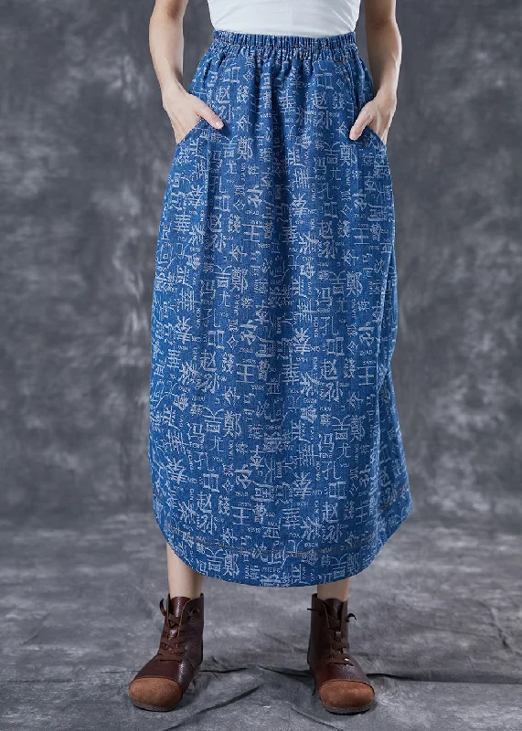 Women Blue Elastic Waist Print Denim Skirts Summer patchwork skirt art