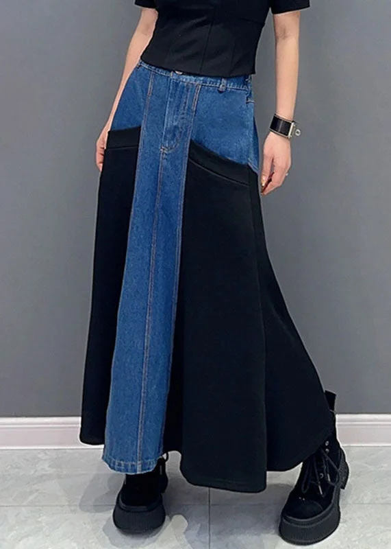 Women Blue Patchwork Black High Waist Denim Maxi Fish Tail Skirts tiered skirt playful