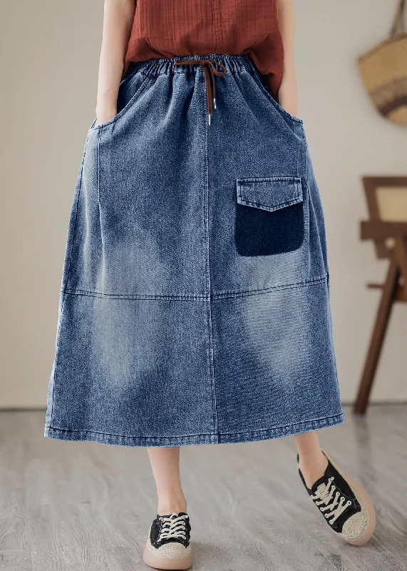 Women Blue Patchwork Drawstring Elastic Waist Denim Skirts Summer linen skirt natural