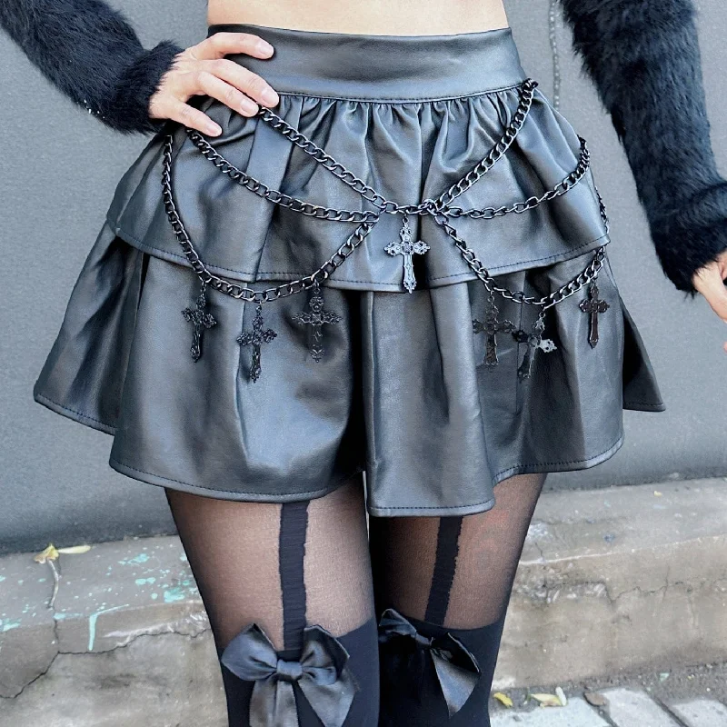 Women's Punk Flared Faux Leather Short Skirt wool skirt thick