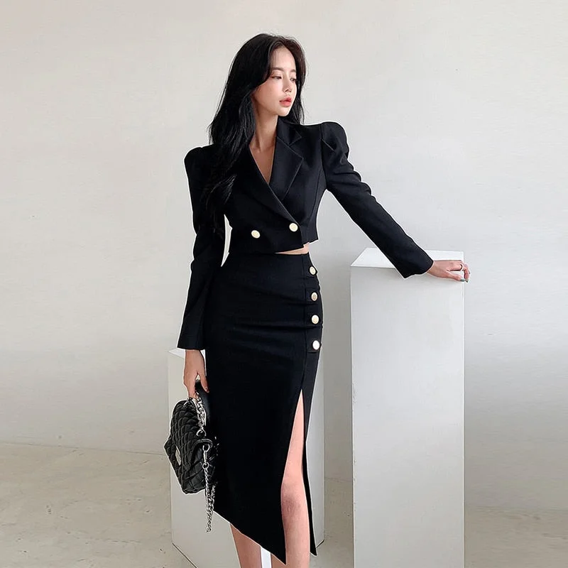2 Pieces Outfits Black Set Office Women Formal Kit Temperament Lady Sexy Short Crop Tops Coat Slit Midi Skirt Slim Suits mini skirt trendy