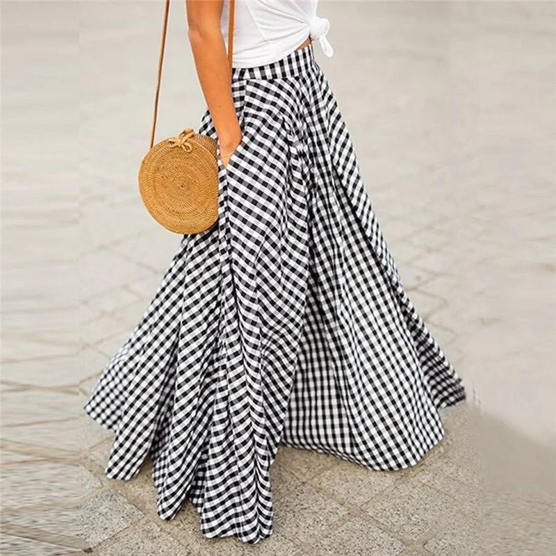 2023 Summer Plaid Check Midi Skirt Vintage Party Pleated Skirts Women Casual Elastic Waist Swing Dress Female Vestidos belted skirt waist