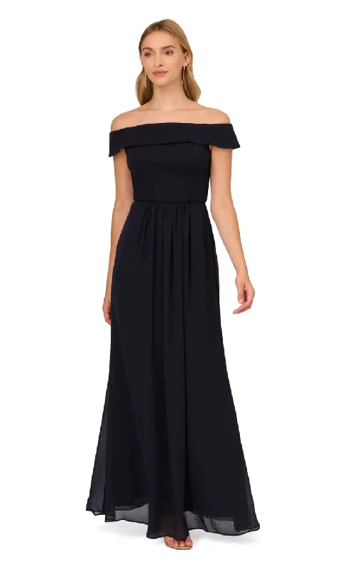 Adrianna Papell - Off The Shoulder Crepe Chiffon Gown With Soft Skirt In Midnight velvet skirt luxurious