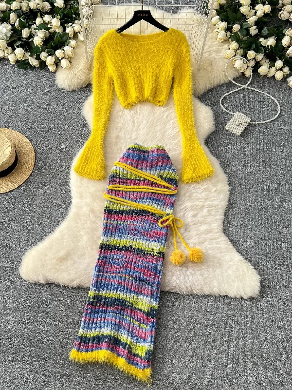 Bright Yellow Sweate Colorful Knit Skirt Set silk skirt elegant