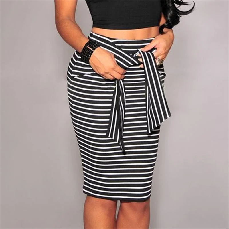 Casual Pencil Midi Women Skirt  Striped Bodycon Autumn Summer Spring  Slim High Waist Skirt Black & White new a-line skirt cut