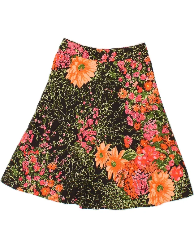 CREATION Womens A-Line Skirt W28 Medium Black Floral Cotton linen skirt natural