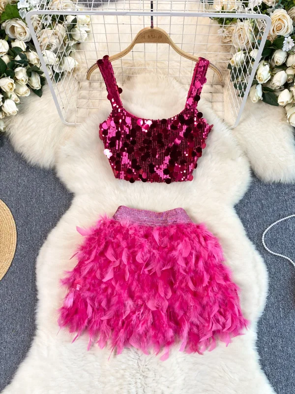 Dazzling Fuchsia Sequin Top with Feather Skirt Ensemble linen skirt natural