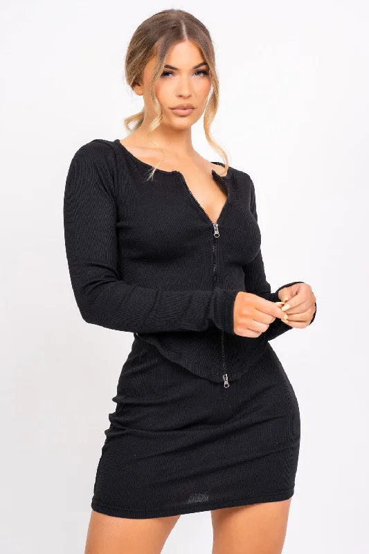Feel The Vibe Black Two Piece Cardigan Mini Skirt Co-ord Set midi skirt versatile
