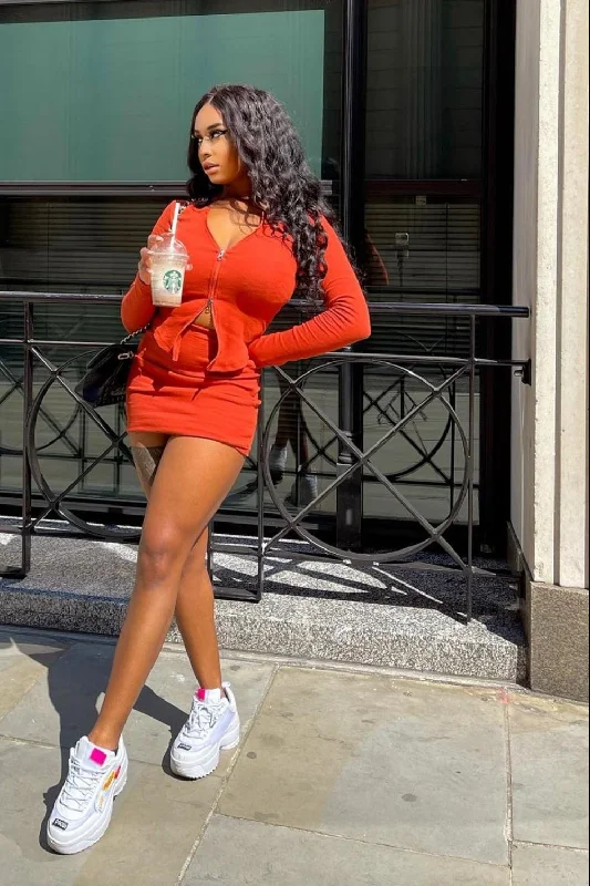 Feel The Vibe Burnt Orange Two Piece Cardigan Mini Skirt Co-ord Set pencil skirt chic Feel The Vibe Burnt Orange Two Piece Cardigan Mini Skirt Co-ord Set pencil skirt chic
