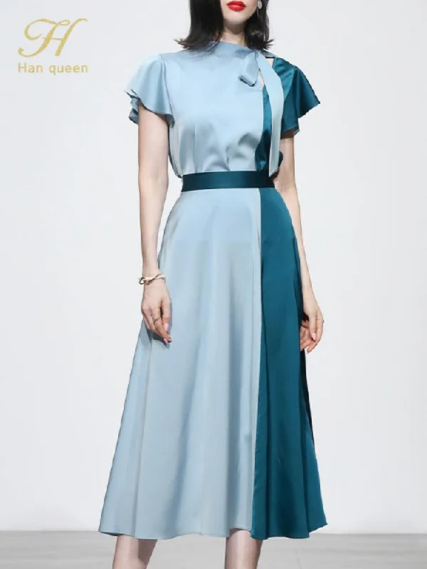H Han Queen Contrast Satin 2 Pieces Set Women Summer Lace-Up Shirts Blouses And High Waist A-Line Midi Skirts Office Lady Suit denim skirt durable
