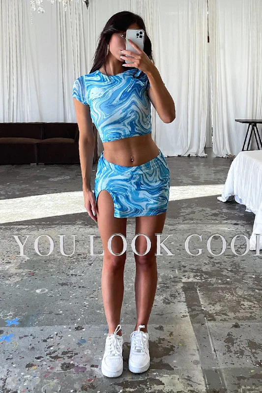 Kelly Mini Skirt - Blue Swirl maxi skirt elegant