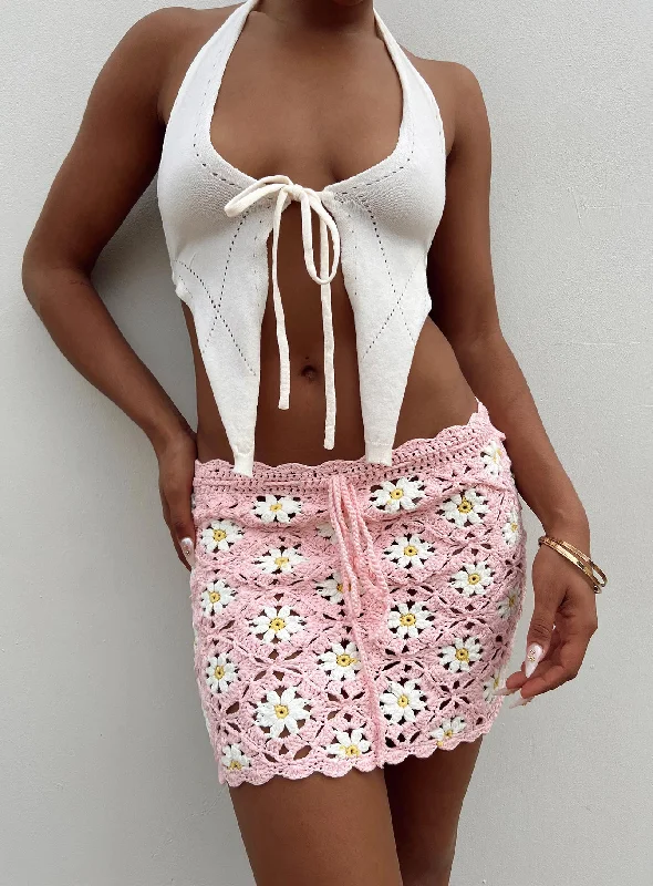 Larose Crochet Mini Skirt Pink floral skirt print