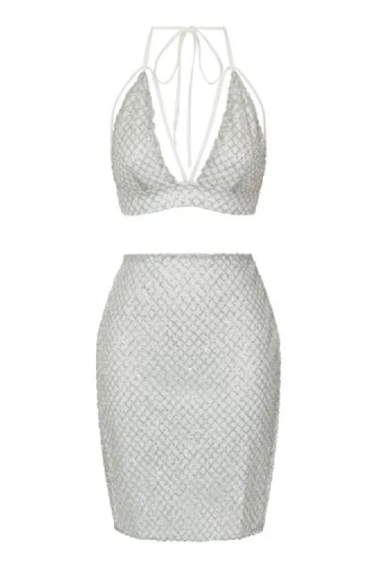 Monica White Silver Glitter Cut Out Two Piece Skirt Bralet Co Ord Set pencil skirt chic