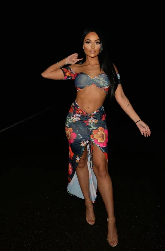 Obsession Black Floral Cropped Top Rauched Skirt Two Piece Co Ord Set linen skirt light