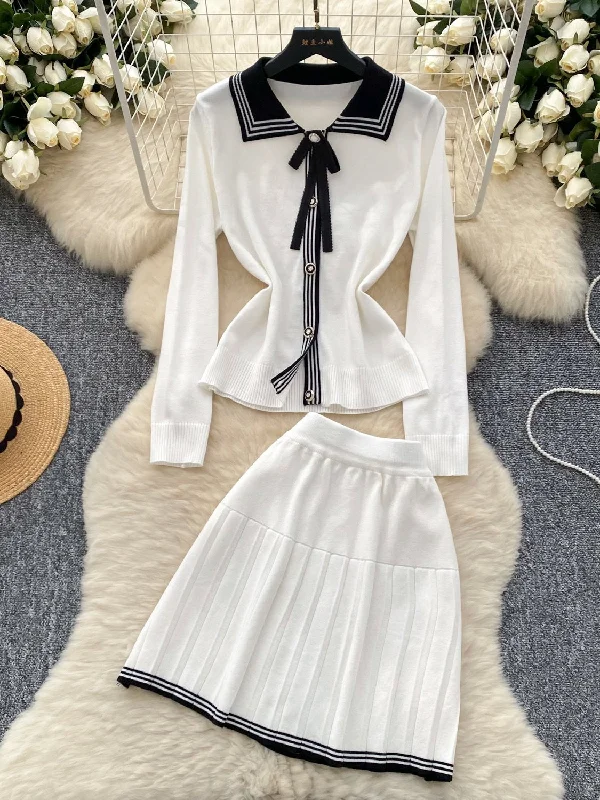 Pleated Skirt Bow White Black Knit Set lace skirt intricate