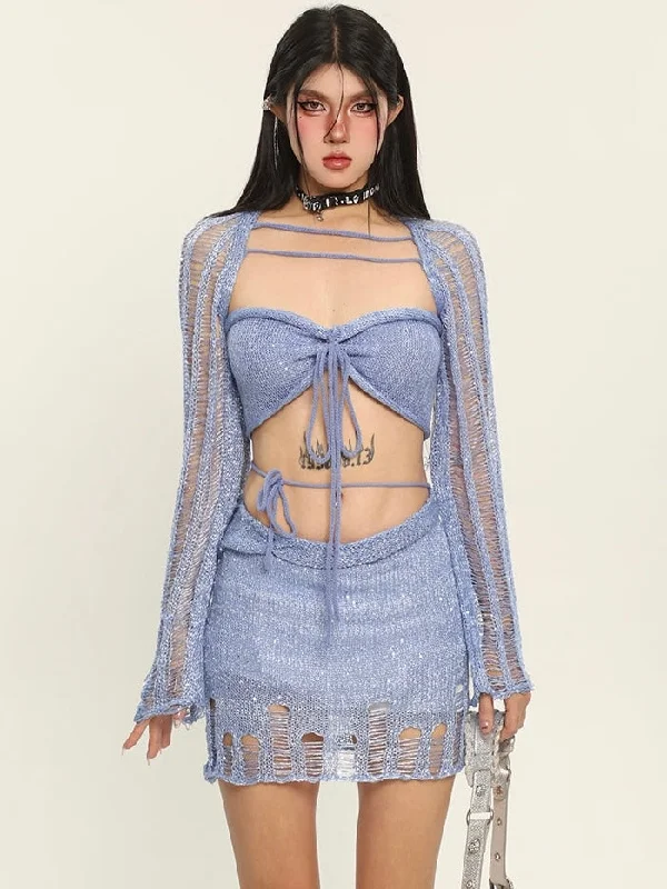Polly Solid Color Distressed Knitted Halter Cropped Top + Low Waist Strap Mini Skirt Matching Set silk skirt luxurious