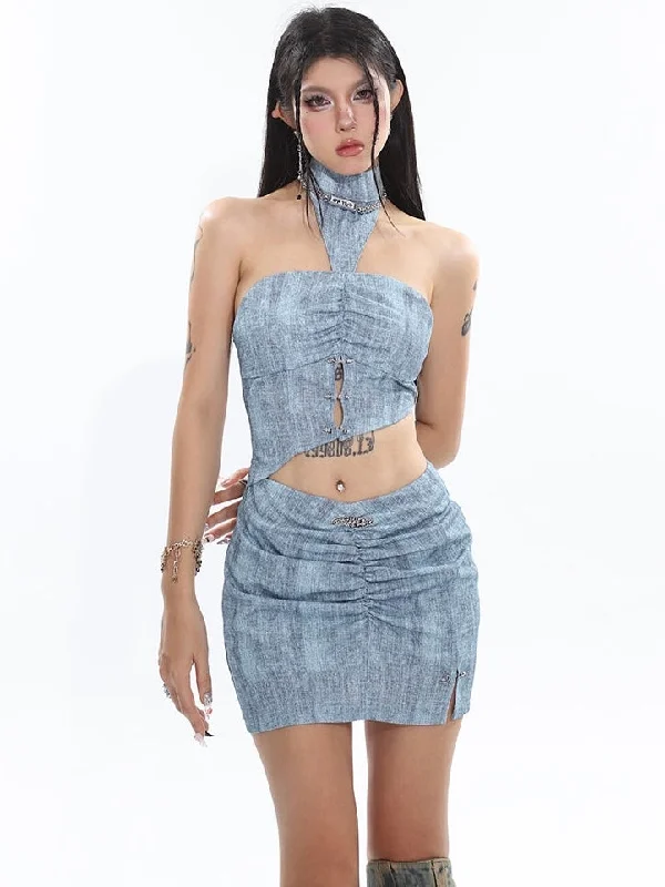 Sloan Blue Halter Neck Cut Out Asymmetrical Bandeau Top + High V-Waist Pleated Slim Mini Skirt Matching Set lace skirt intricate Sloan Blue Halter Neck Cut Out Asymmetrical Bandeau Top + High V-Waist Pleated Slim Mini Skirt Matching Set lace skirt intricate