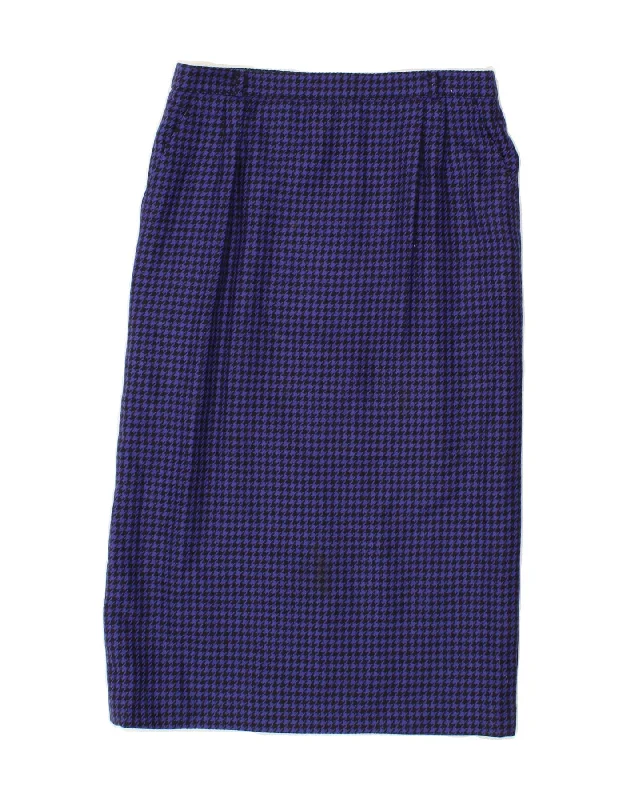 VINTAGE Womens Straight Skirt IT 42 Medium W30  Purple Houndstooth Wool belted skirt waist