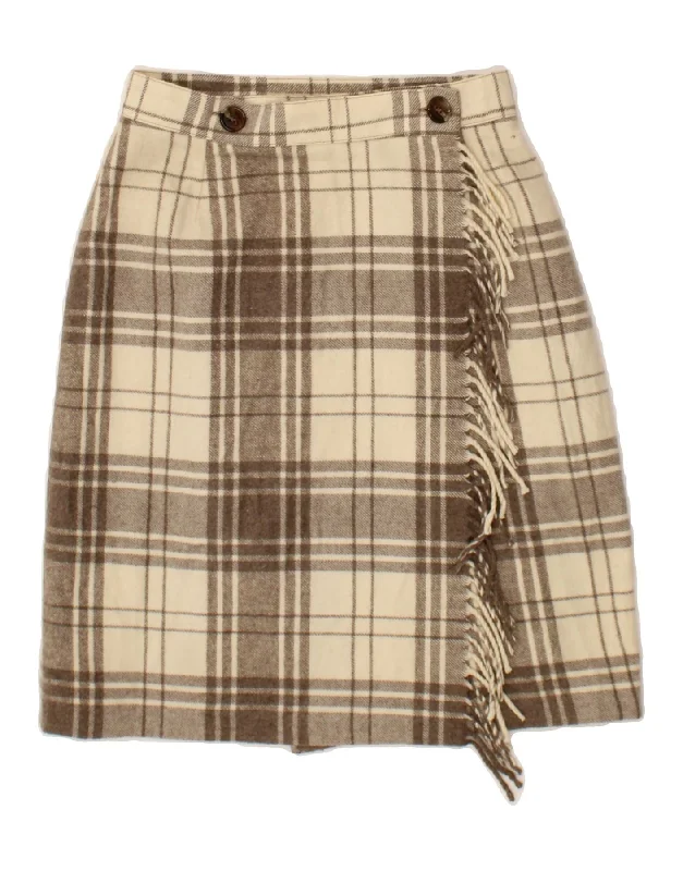 VINTAGE Womens Wrap Skirt IT 44 Medium W28 Beige Check Wool zip skirt side